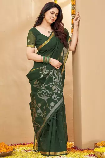 green smart linen fabric weaving jari designer saree