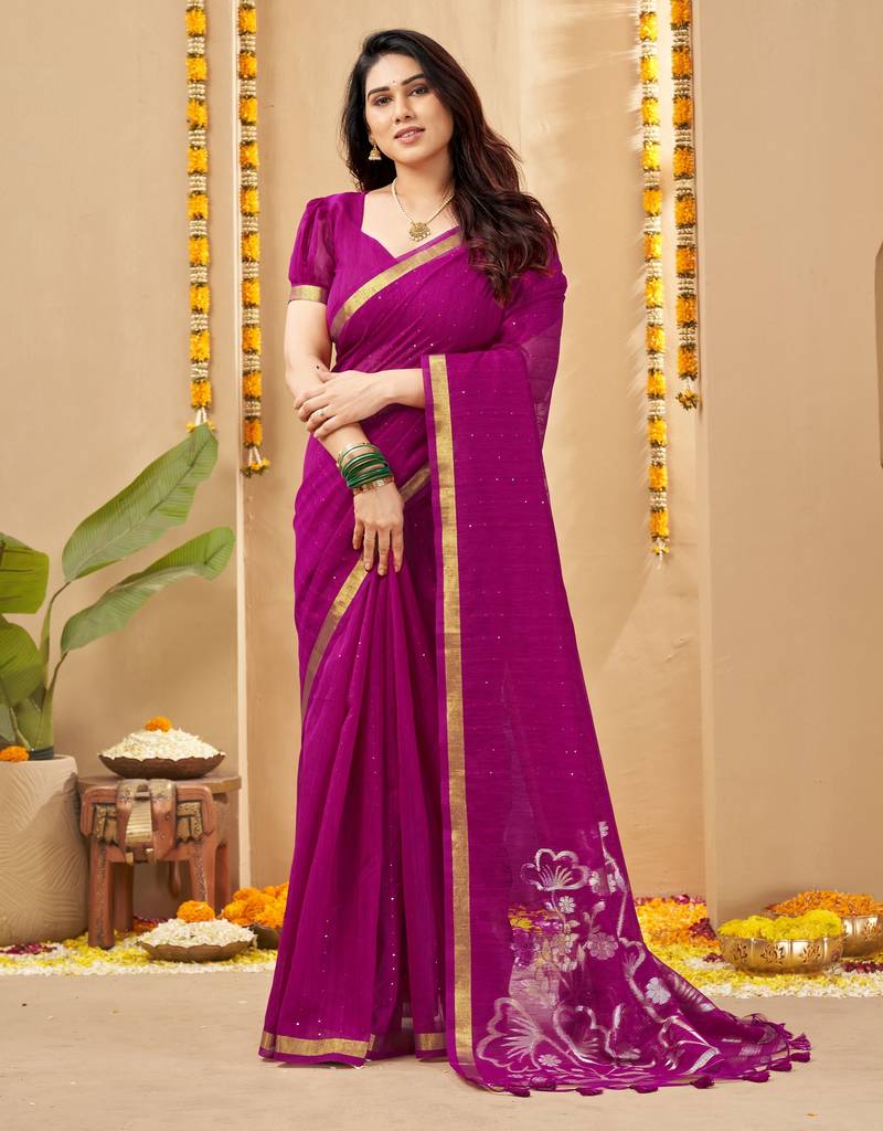 magenta smart linen fabric weaving jari designer saree