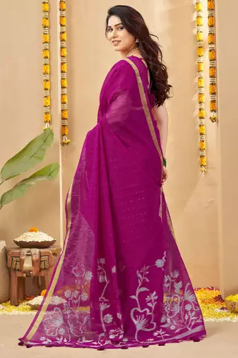 magenta smart linen fabric weaving jari designer saree