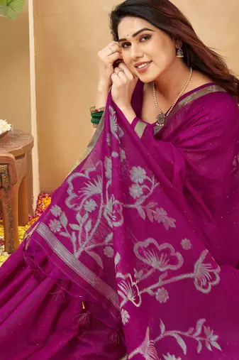 magenta smart linen fabric weaving jari designer saree