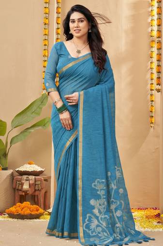 blue smart linen fabric weaving jari designer saree
