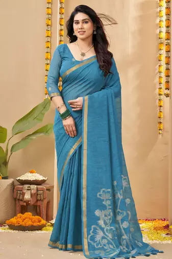 blue smart linen fabric weaving jari designer saree