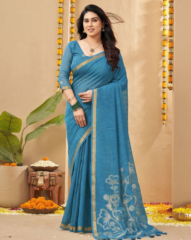 blue smart linen fabric weaving jari designer saree