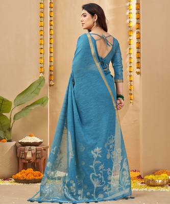 blue smart linen fabric weaving jari designer saree 2