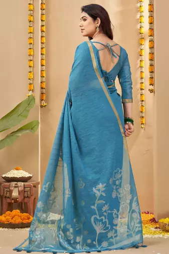 blue smart linen fabric weaving jari designer saree