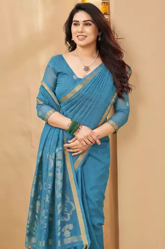 blue smart linen fabric weaving jari designer saree