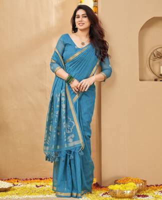 blue smart linen fabric weaving jari designer saree 4