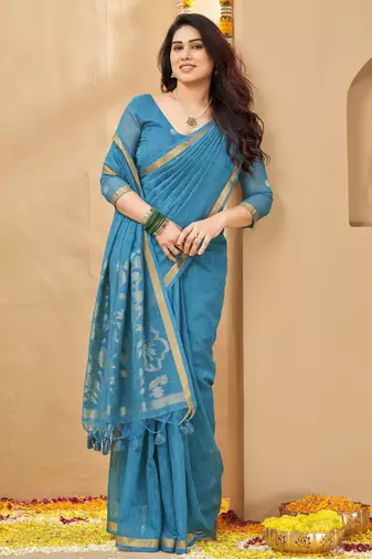 blue smart linen fabric weaving jari designer saree