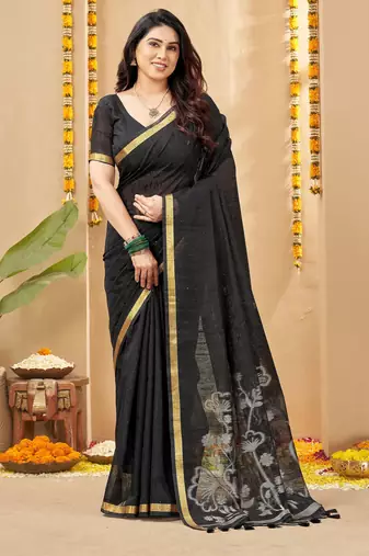 black smart linen fabric weaving jari designer saree