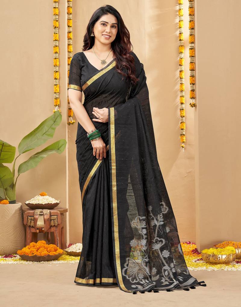 black smart linen fabric weaving jari designer saree
