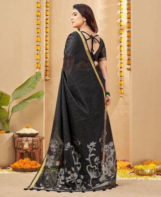 black smart linen fabric weaving jari designer saree 2