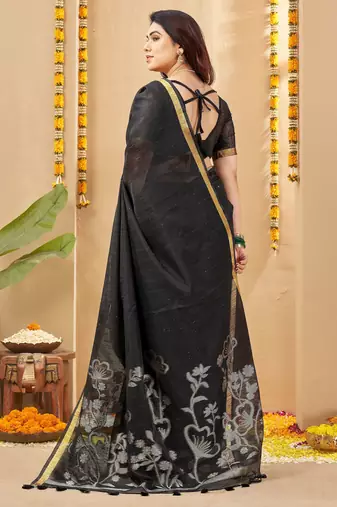 black smart linen fabric weaving jari designer saree