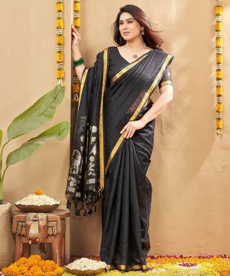 black smart linen fabric weaving jari designer saree 4