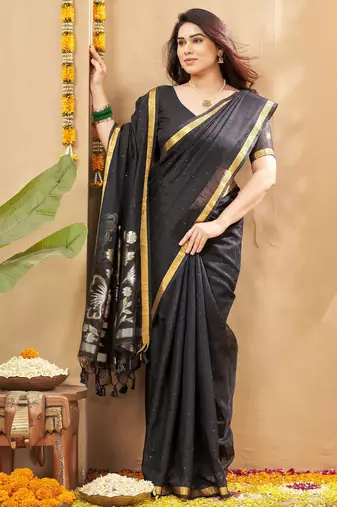 black smart linen fabric weaving jari designer saree