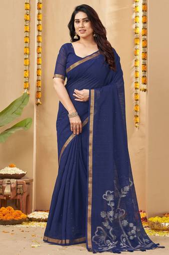 navy blue smart linen fabric weaving jari designer saree