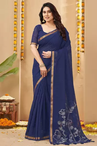 navy blue smart linen fabric weaving jari designer saree