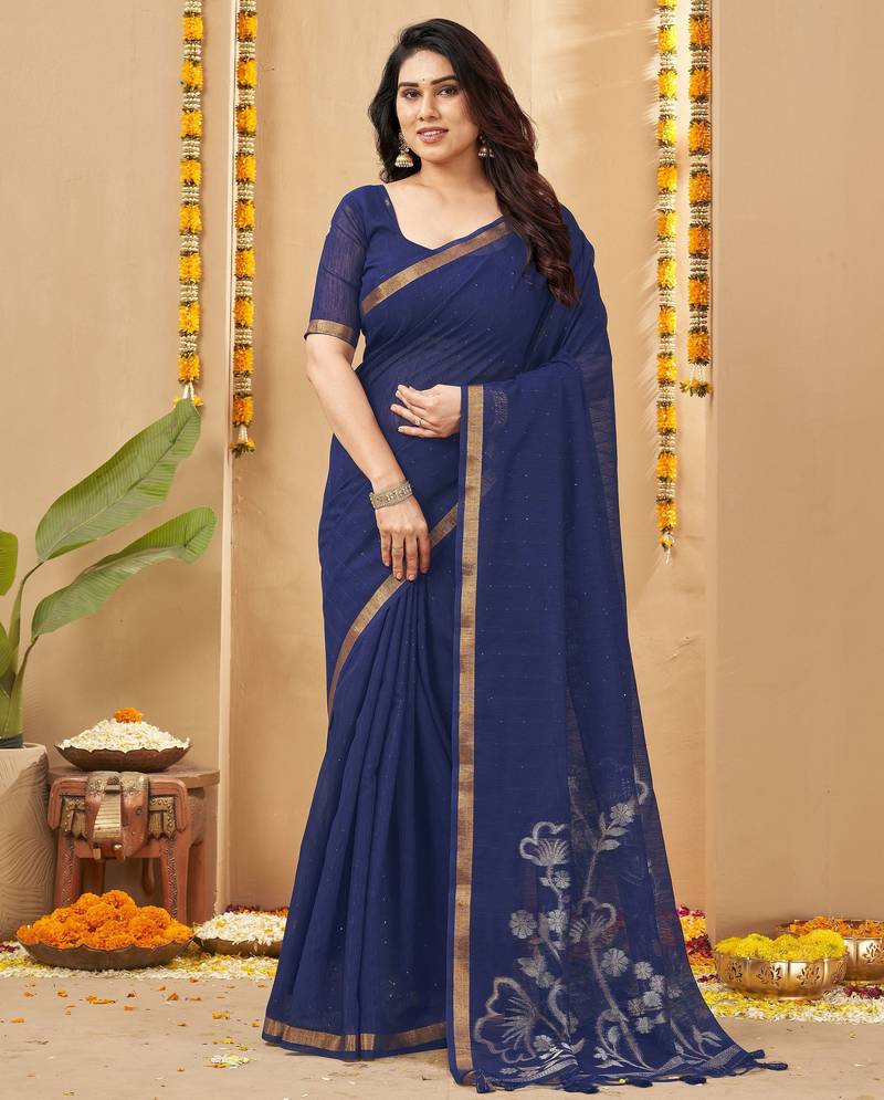 navy blue smart linen fabric weaving jari designer saree