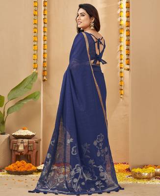navy blue smart linen fabric weaving jari designer saree 2