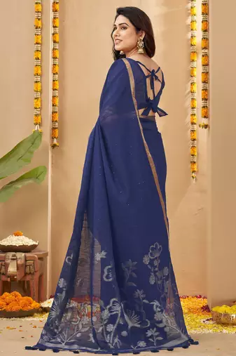 navy blue smart linen fabric weaving jari designer saree