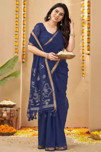 navy blue smart linen fabric weaving jari designer saree