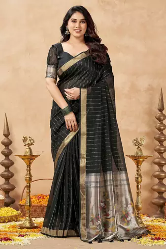 black ethnic cotton blend fabric weaving jari designer fancy ethnic saree