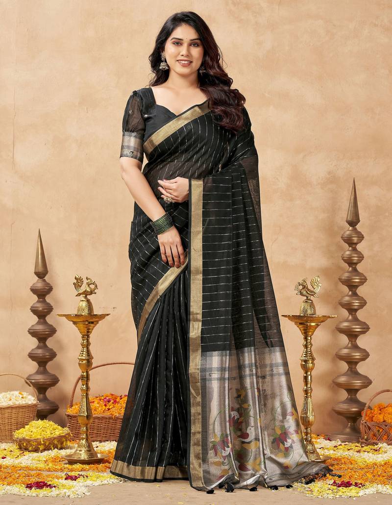 black ethnic cotton blend fabric weaving jari designer fancy ethnic saree