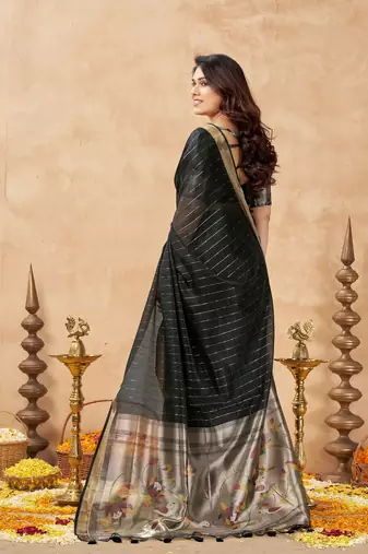 black ethnic cotton blend fabric weaving jari designer fancy ethnic saree