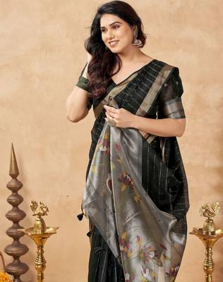 black ethnic cotton blend fabric weaving jari designer fancy ethnic saree 3