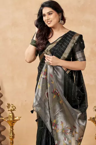 black ethnic cotton blend fabric weaving jari designer fancy ethnic saree