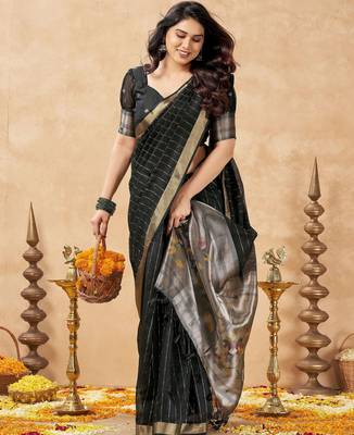 black ethnic cotton blend fabric weaving jari designer fancy ethnic saree 4