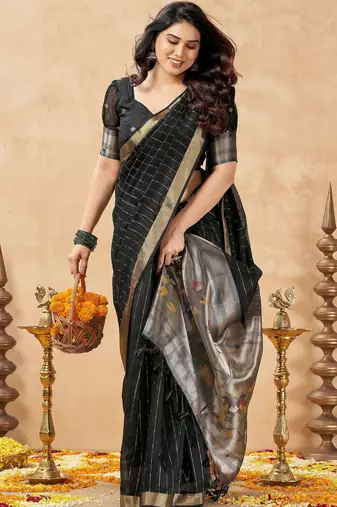 black ethnic cotton blend fabric weaving jari designer fancy ethnic saree