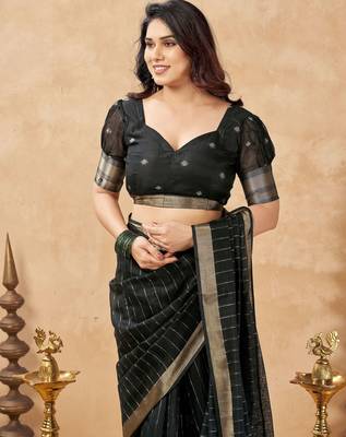 black ethnic cotton blend fabric weaving jari designer fancy ethnic saree 5