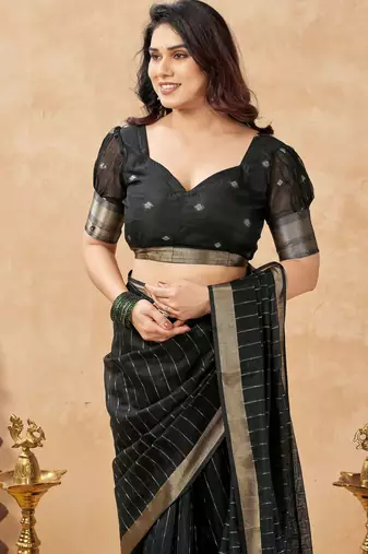 black ethnic cotton blend fabric weaving jari designer fancy ethnic saree