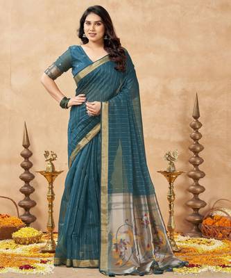 teal ethnic cotton blend fabric weaving jari designer fancy ethnic saree 1