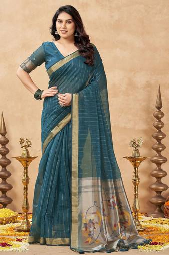 teal ethnic cotton blend fabric weaving jari designer fancy ethnic saree