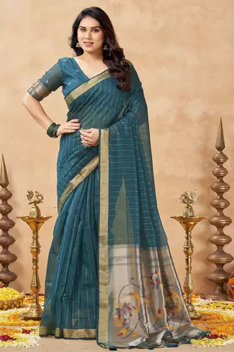 teal ethnic cotton blend fabric weaving jari designer fancy ethnic saree