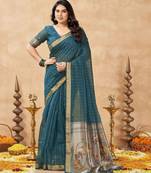 teal ethnic cotton blend fabric weaving jari designer fancy ethnic saree