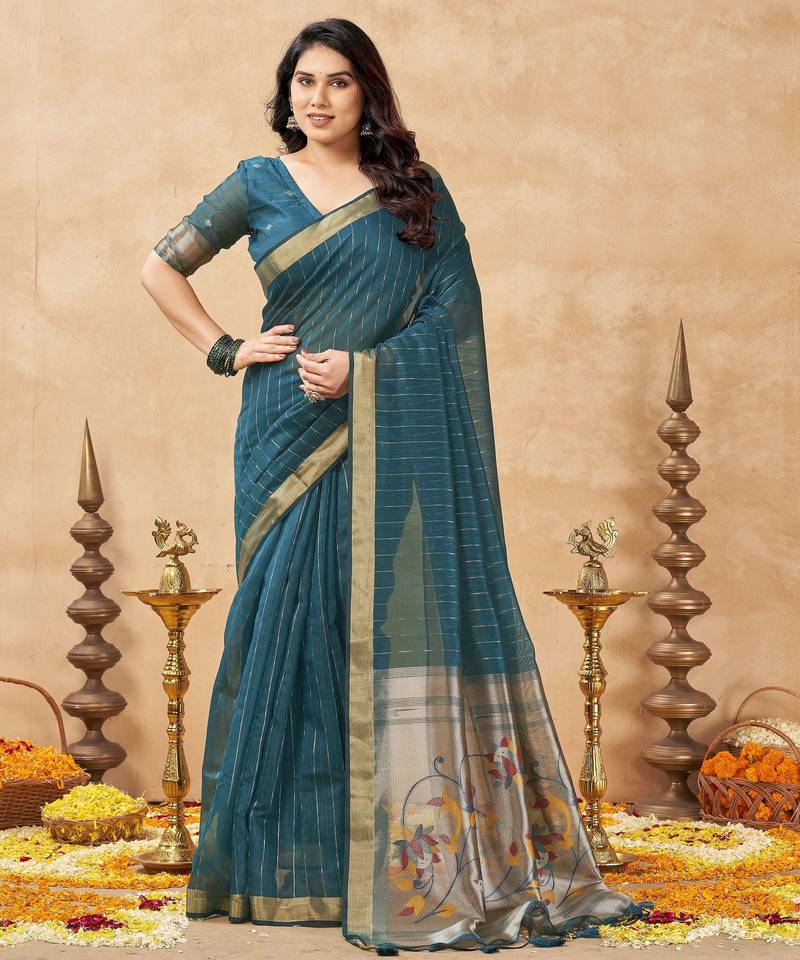 teal ethnic cotton blend fabric weaving jari designer fancy ethnic saree