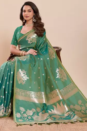 green colour embroidery with jari work silk blend saree with blouse