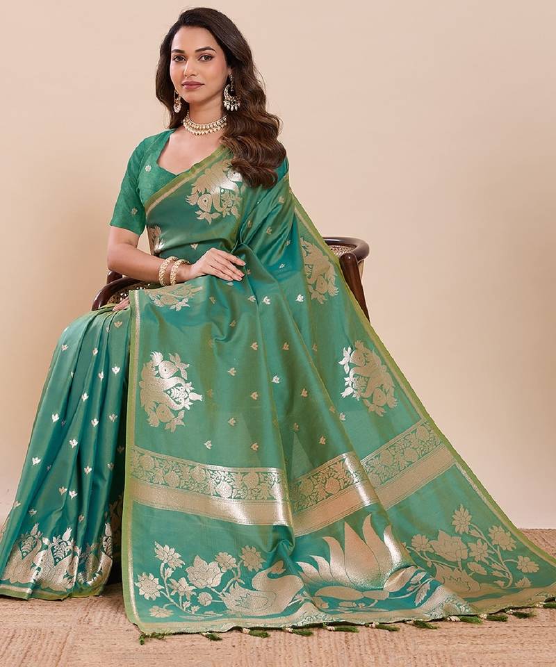 Green colour embroidery with jari work silk saree with blouse