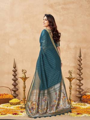 teal ethnic cotton blend fabric weaving jari designer fancy ethnic saree 2