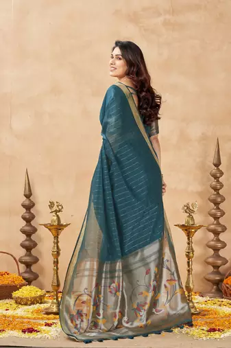 teal ethnic cotton blend fabric weaving jari designer fancy ethnic saree