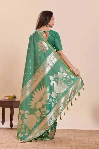 green colour embroidery with jari work silk blend saree with blouse