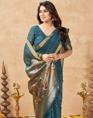 teal ethnic cotton blend fabric weaving jari designer fancy ethnic saree 3