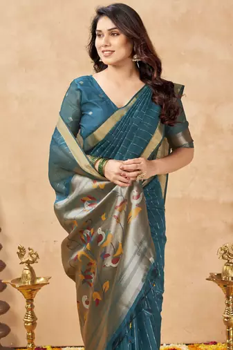 teal ethnic cotton blend fabric weaving jari designer fancy ethnic saree