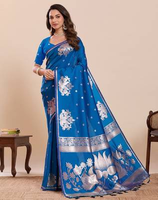 Blue colour embroidery with jari work silk saree with blouse 2