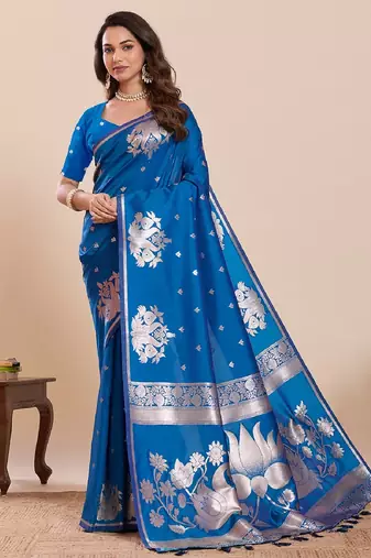 blue colour embroidery with jari work silk blend saree with blouse