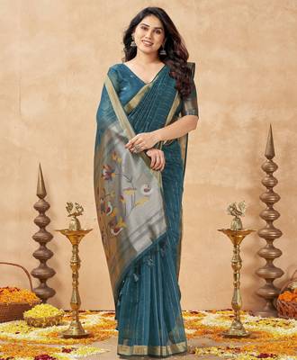 teal ethnic cotton blend fabric weaving jari designer fancy ethnic saree 4