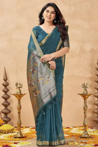 teal ethnic cotton blend fabric weaving jari designer fancy ethnic saree