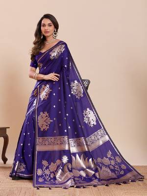 Purple colour embroidery with jari work silk saree with blouse 1